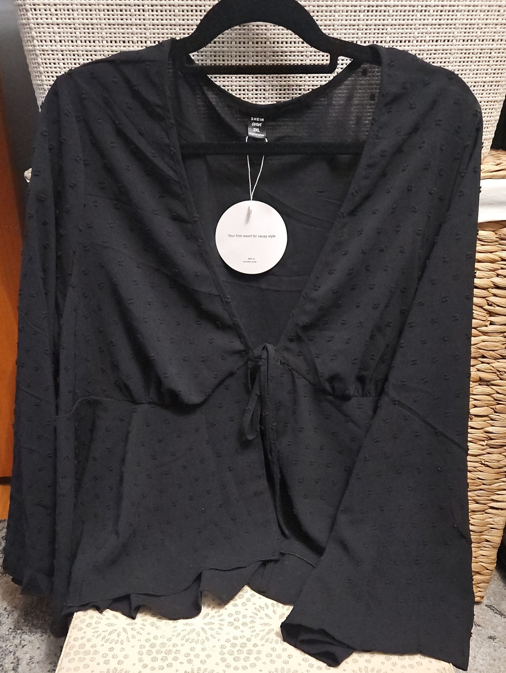 Black Swiss Dot Tie-Front Blouse